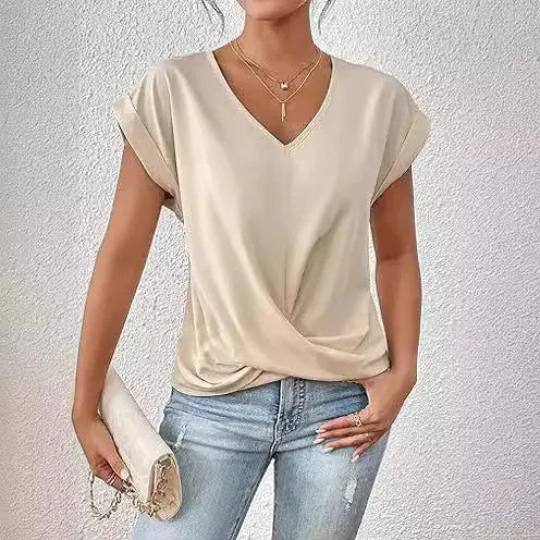 Fashion V-neck Short-sleeve T-shirt Summer Casual Irregular Knot Top For Women Clothing Nipaaj