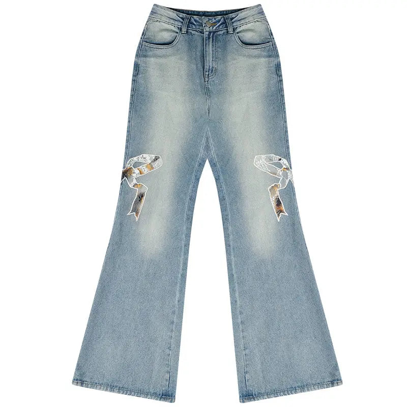 High Waist Bow Patch Wide Leg Straight Jeans Nipaaj