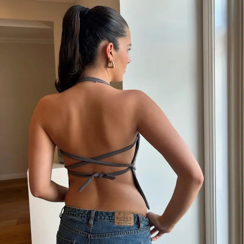 Off-neck Yoga Back Strap Halter Solid Color Top null