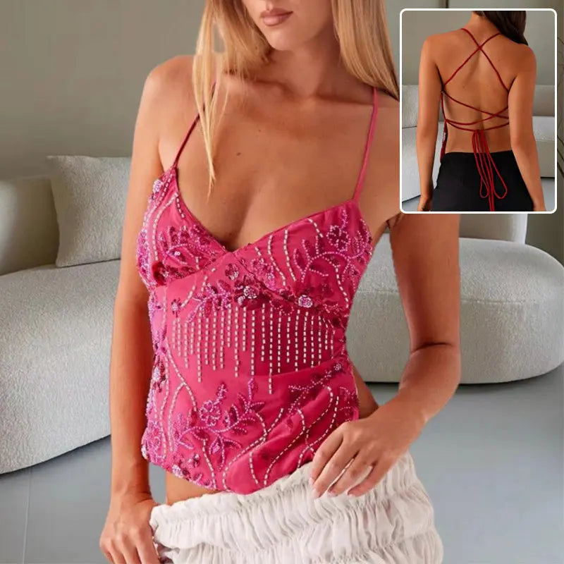Y2K Dopamine-colored Bandeau Sling Tops Summer V-neck Flower Beaded Backless Vest For Women null