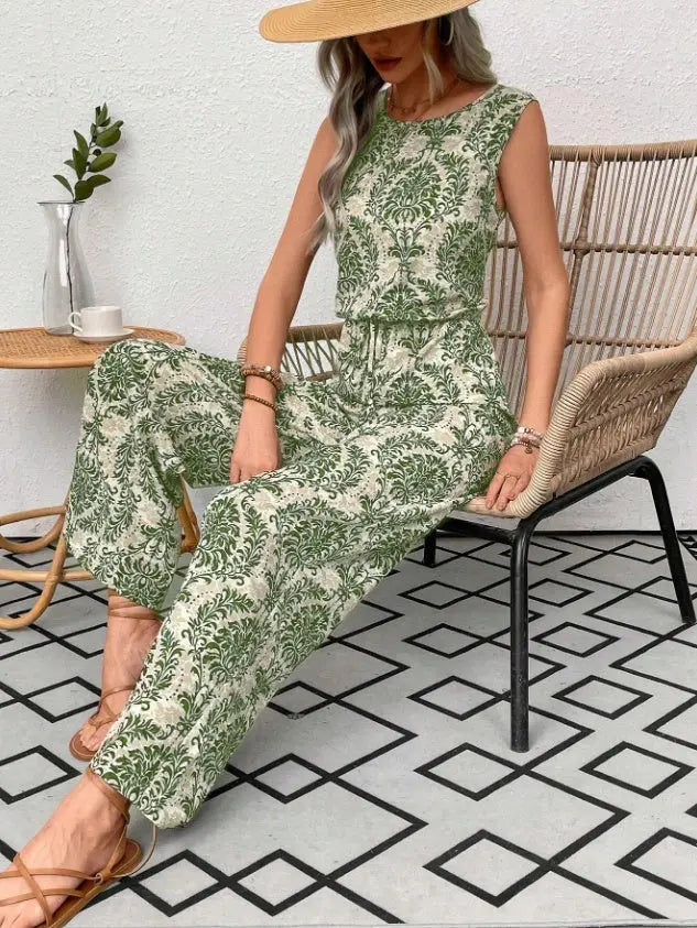 Printed Waist Cinching Casual Straight Leg Pants Set null