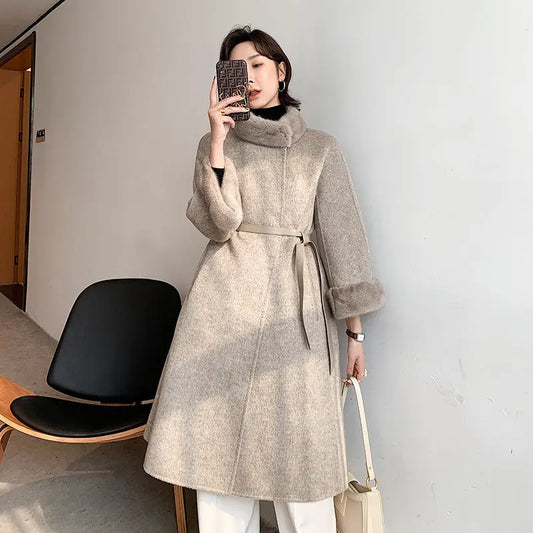 Mink Fur Lace Up Slim Fit Wool Overcoat null
