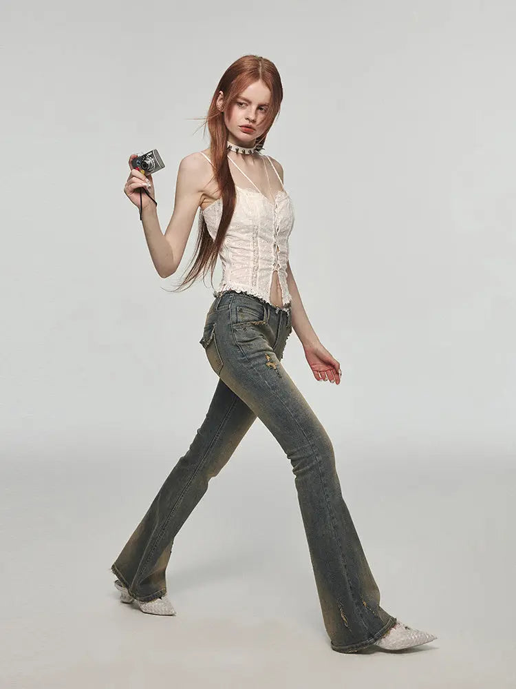 Vintage Washed Distressed Straight Leg Jeans Nipaaj