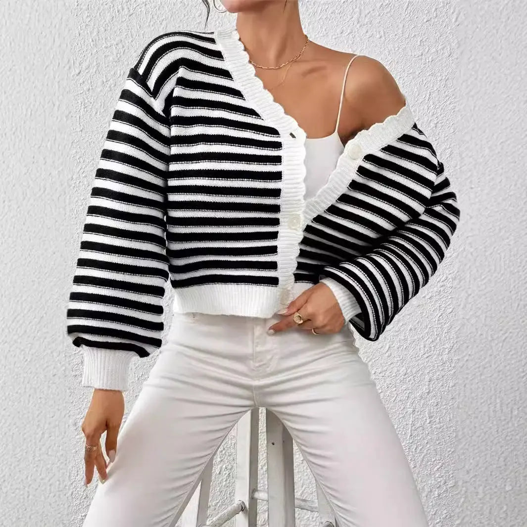 Knitted Cardigan Colorblock Sweater Coat Women's Rainbow Striped Lantern Sleeve Nipaaj