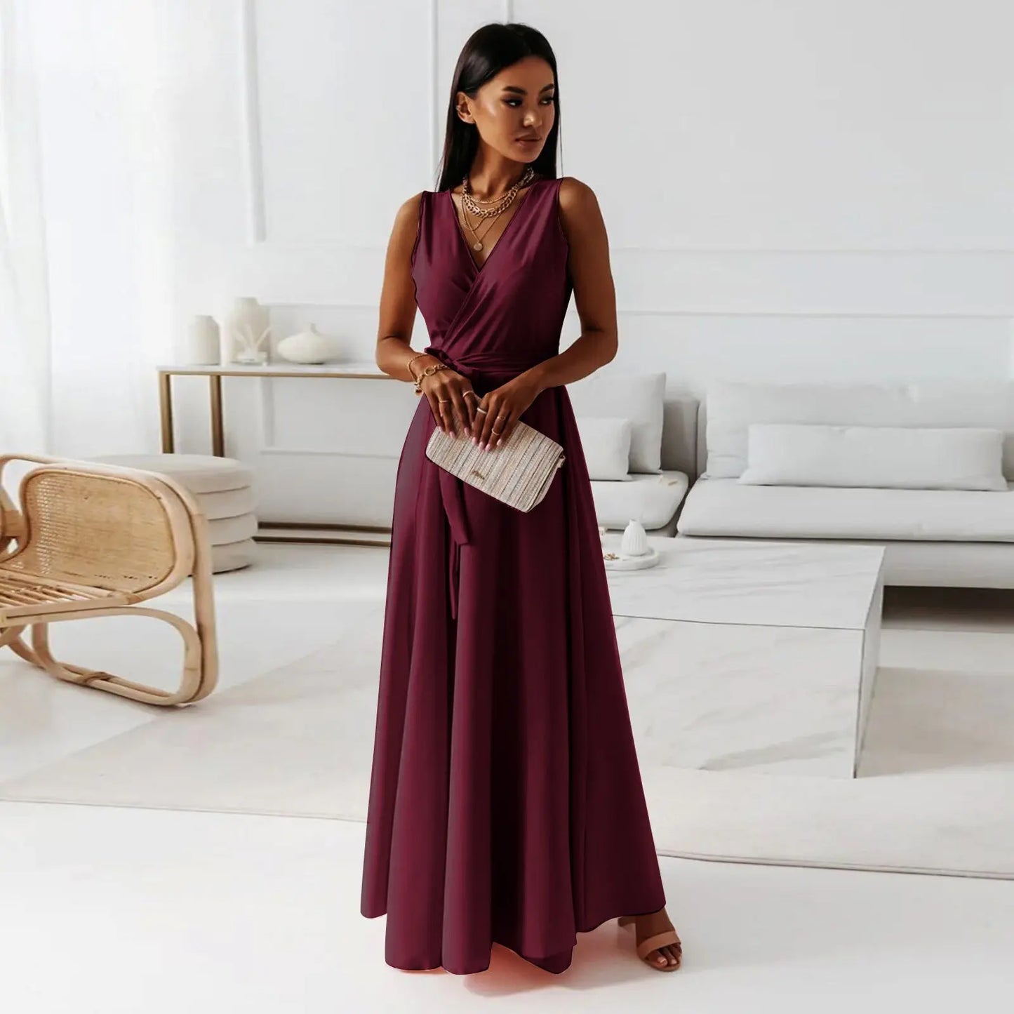 V-neck Sleeveless Dress With Belt Summer Fashion Party Club Evening Maxi Dresses For Women Clothing null