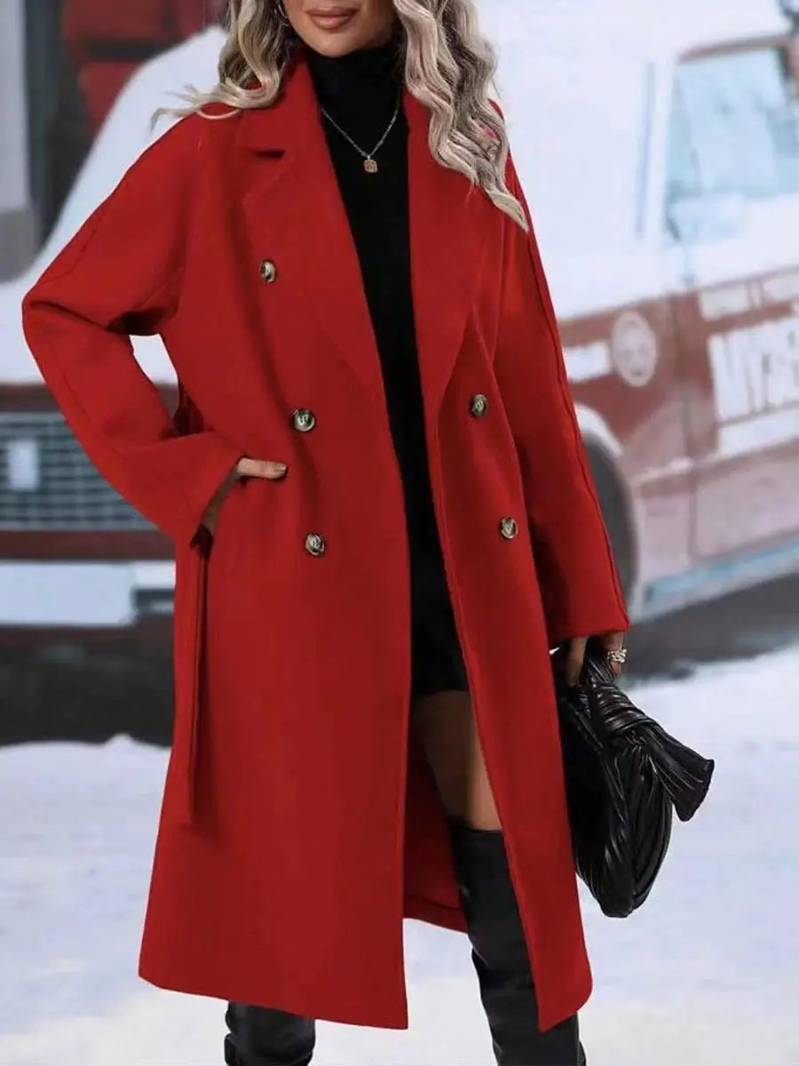 Lapel Double-breasted Trench Coat With Belt Winter Fashion Solid Color Long Jacket Outwear Women Clothing null