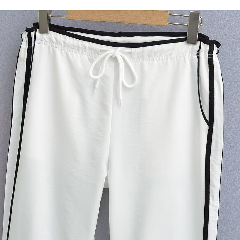 Ribbon Parallel Bars Contrast Color Loose Straight Slimming Draping Pants