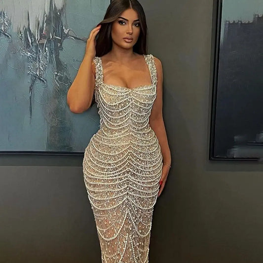 Nude Elegant Sling Light Luxury High-end Pearl Beaded Dress Nipaaj