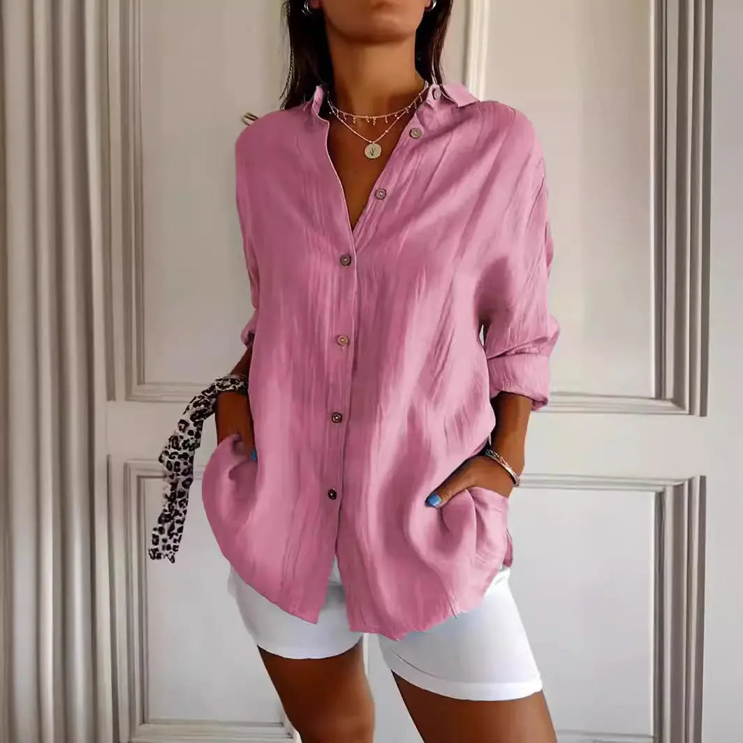 Lapel Long Sleeve Shirt Women's Single-breasted Pleated Shirt null