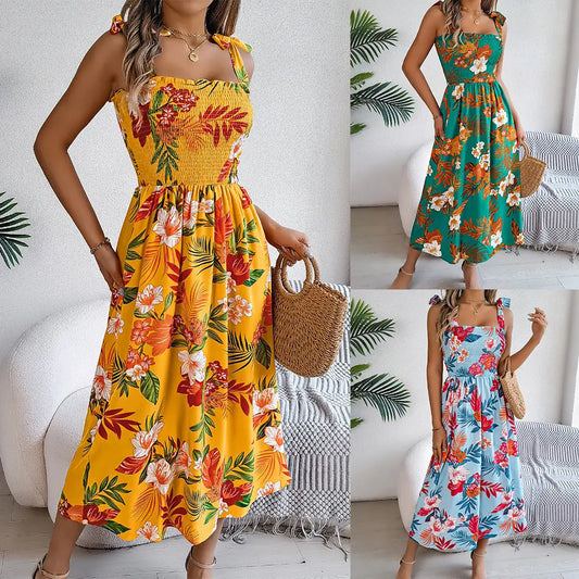 Flowers Print Suspender Corset Dress Ins Fashion Holiday Beach Long Dresses Summer Clothing For Women null