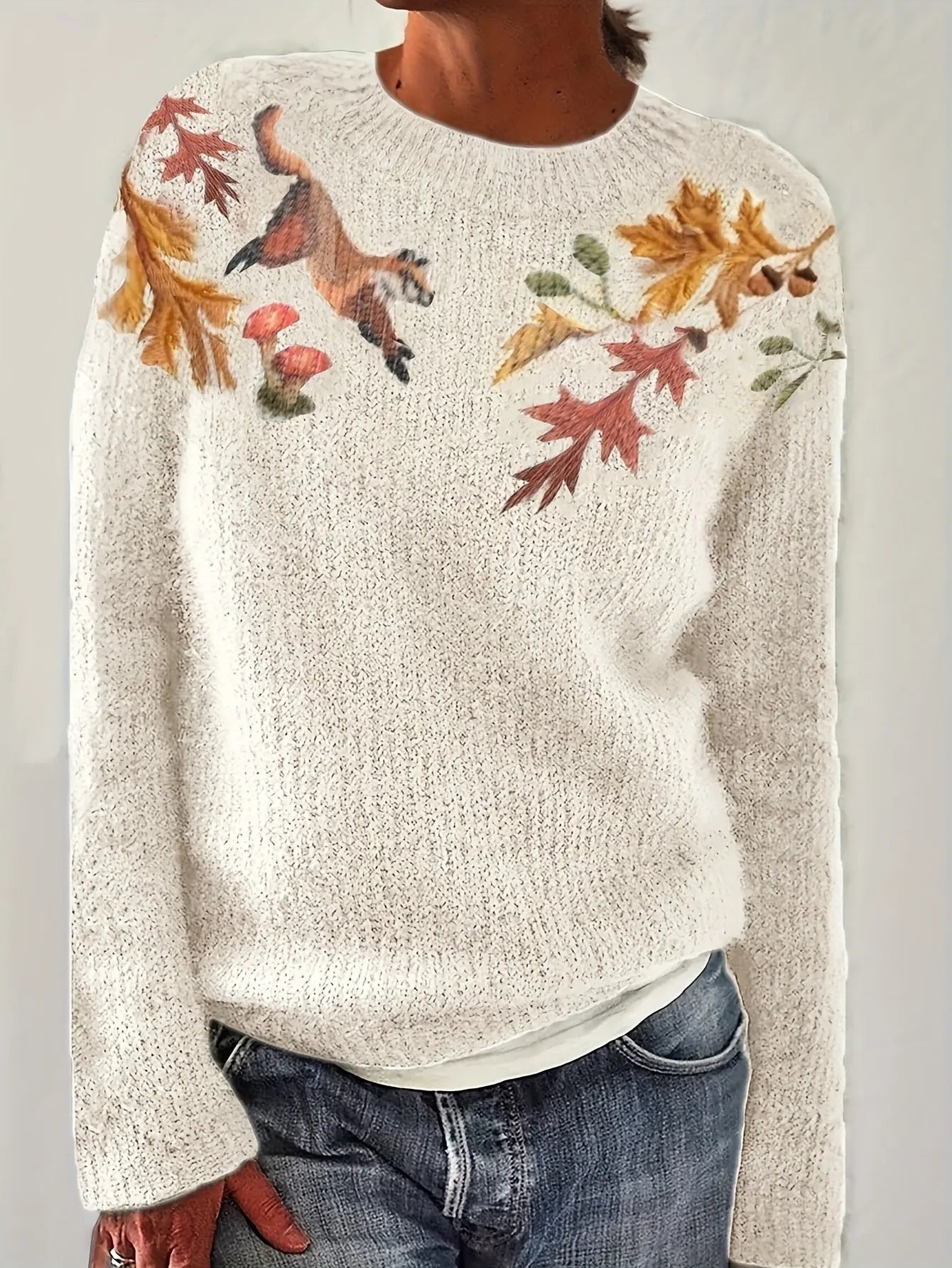 Round Neck Long Sleeve Casual Floral Print Leisure Vacation Sweater Nipaaj