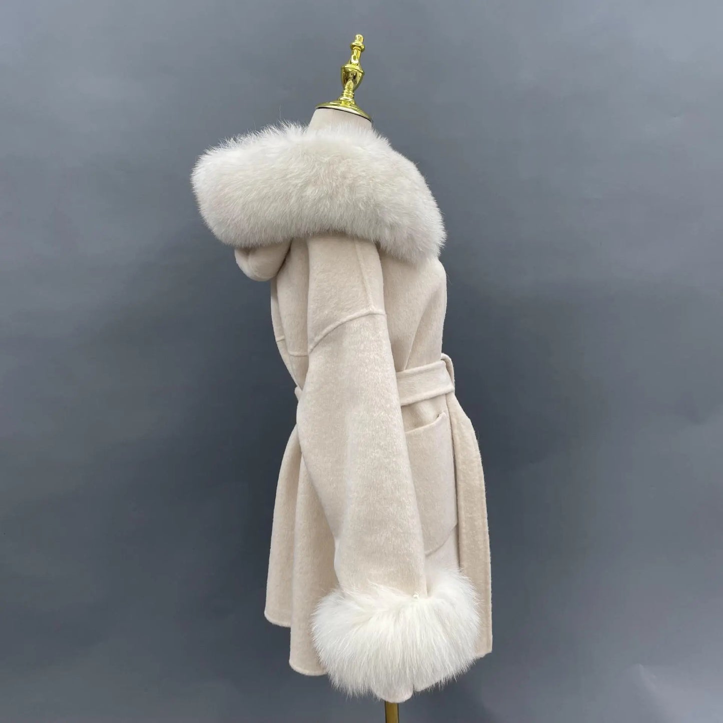 Oversized Fur Collar Hood Double-sided Woolen Coat null