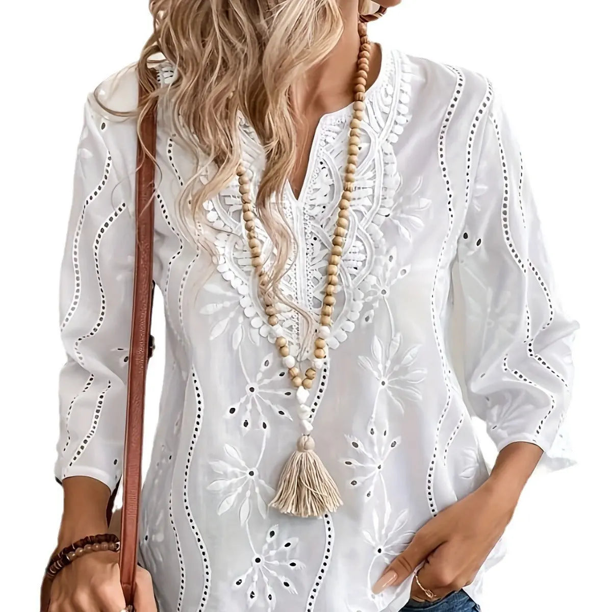 Loose V-neck Temperament Commute Embroidered Bell Sleeve Lace Top Nipaaj