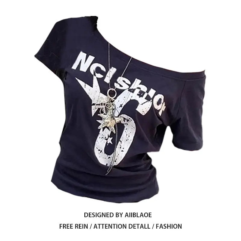 Oblique Shoulder Printed Short Sleeve Summer Slim-fit Crop-top null