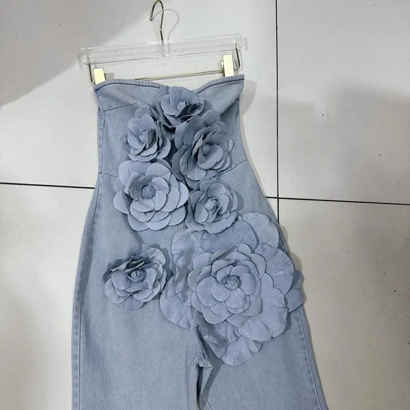 Three-dimensional Flowers Washed And Worn Slightly Cut Tube Top Jumpsuit null