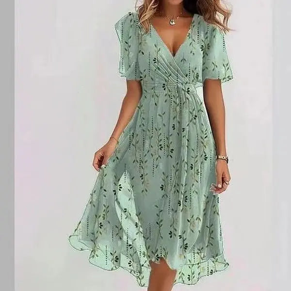Chiffon Printed Short Sleeve Dress Summer Elegant V-neck Dresses Womens Clothing null