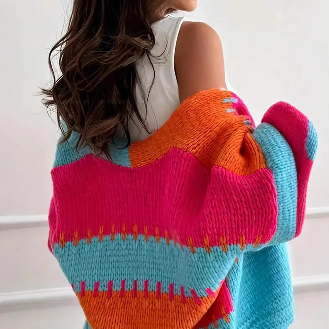 Contrast Color Patchwork Knitting Cardigan Nipaaj