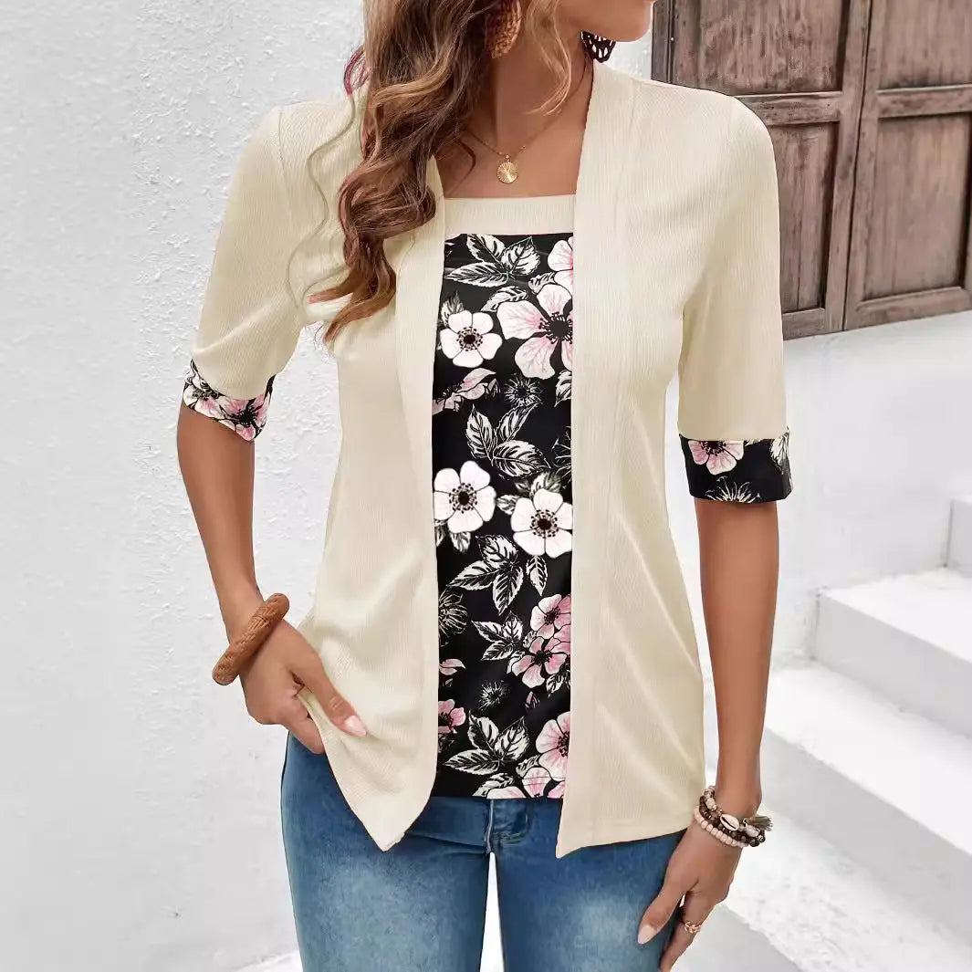 Women's Fake Two-piece Five-quarter Sleeve Printed Top T-shirt Nipaaj