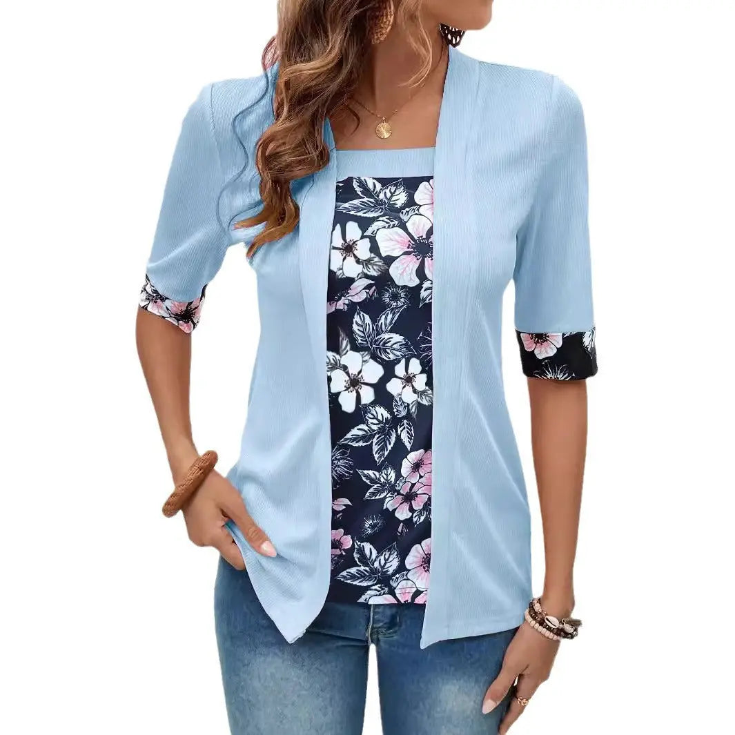 Women's Fake Two-piece Five-quarter Sleeve Printed Top T-shirt Nipaaj