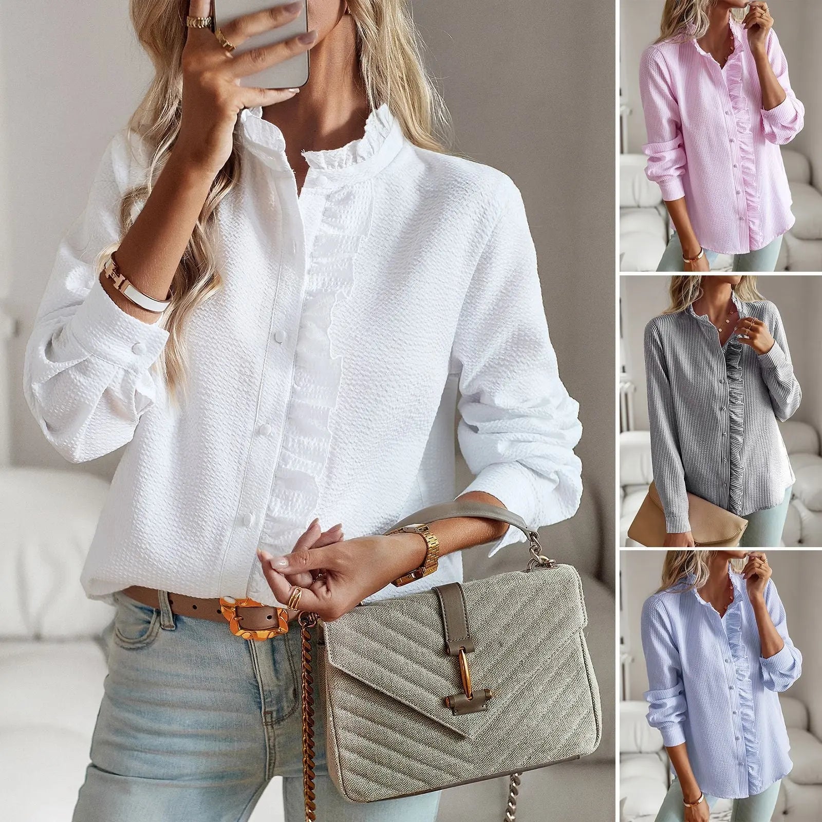 Striped Long Sleeve Shirt Fashion Ruffle Design Button Up Tops Casual Office Blouse Elegant Commuting Women's Clothing null