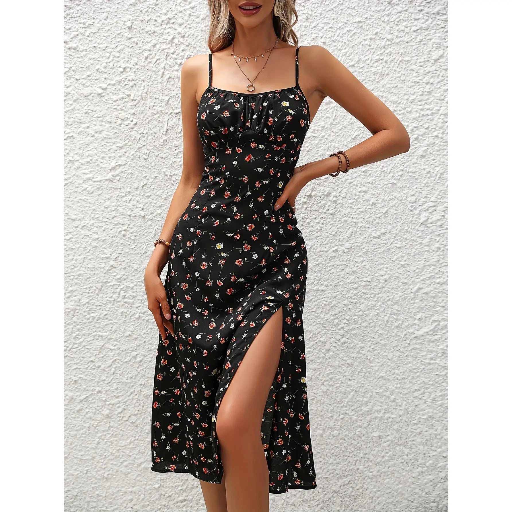 New Polka Dot Print Suspender Dress Summer Sexy Split Long Dresses For Womens Clothing null