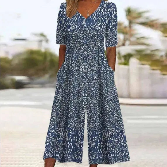 Spring And Summer Print Women's Pocket Collar Jumpsuit Nipaaj