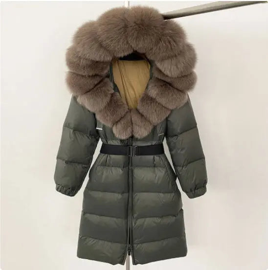 Women's Long Cinched Hoodie Real Fox Fur Collar Coat null