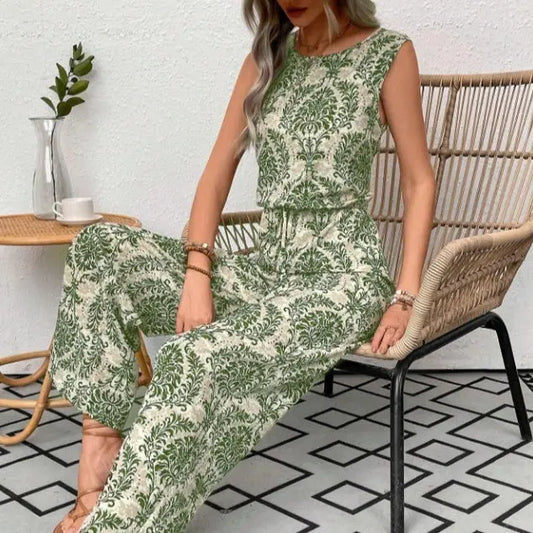 Printed Waist Cinching Casual Straight Leg Pants Set null