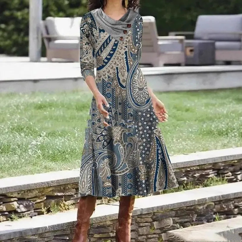 Overlapping Collar Mid-length Printed Dress null