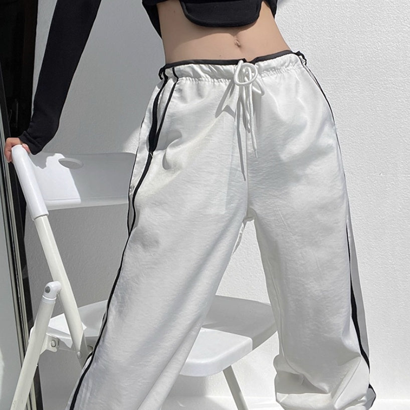 Ribbon Parallel Bars Contrast Color Loose Straight Slimming Draping Pants