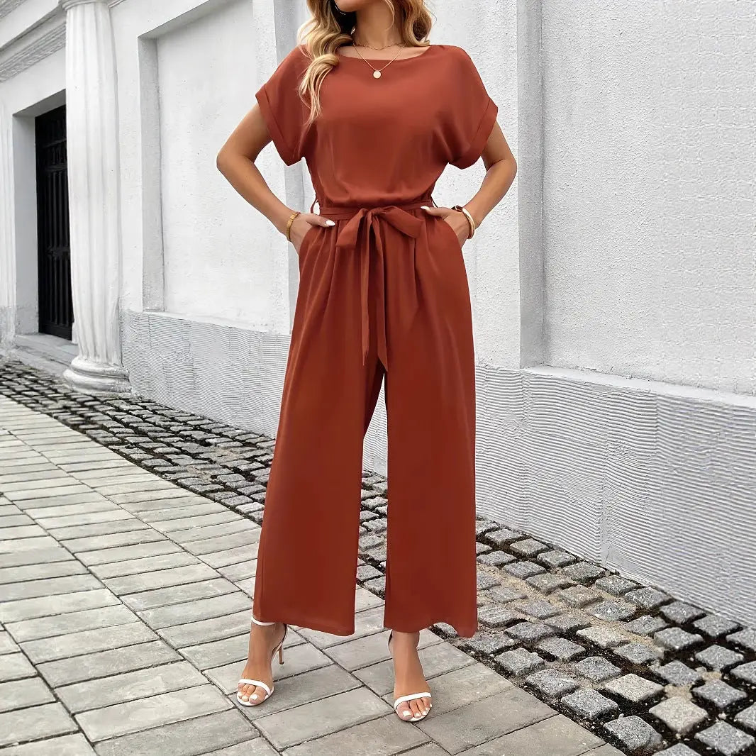 Women's Fashion Solid Color With Belt Round Neck Jumpsuit null