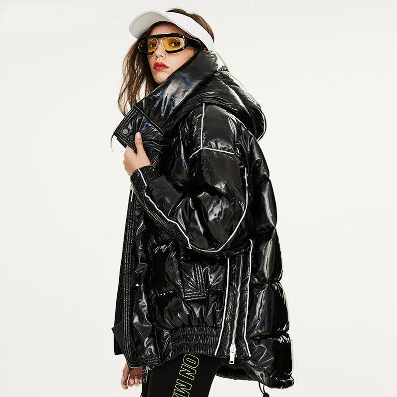 Couples Laser Glossy Thickened Loose Mid Length Down Jacket null
