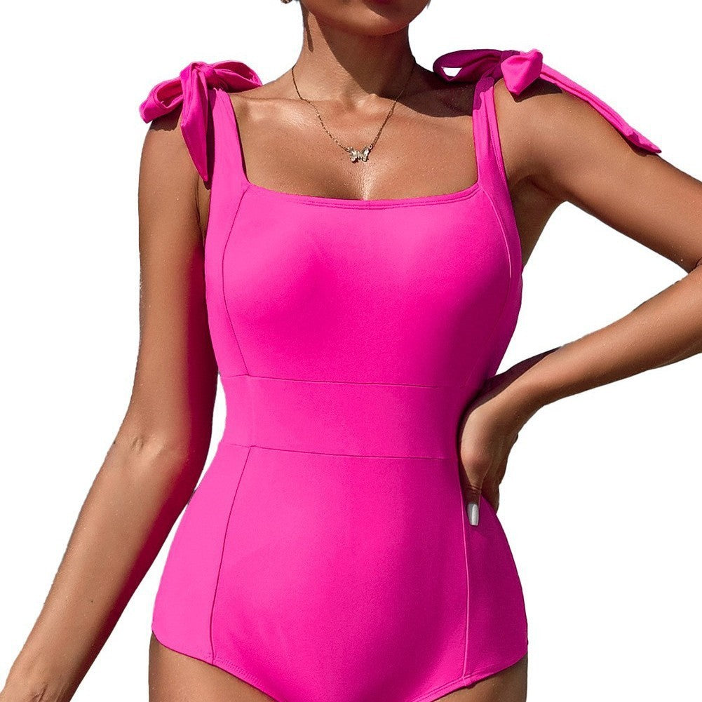 Solid Color Women's One-piece Swimming Suit Bundle Shoulder Strap High Elastic Belt