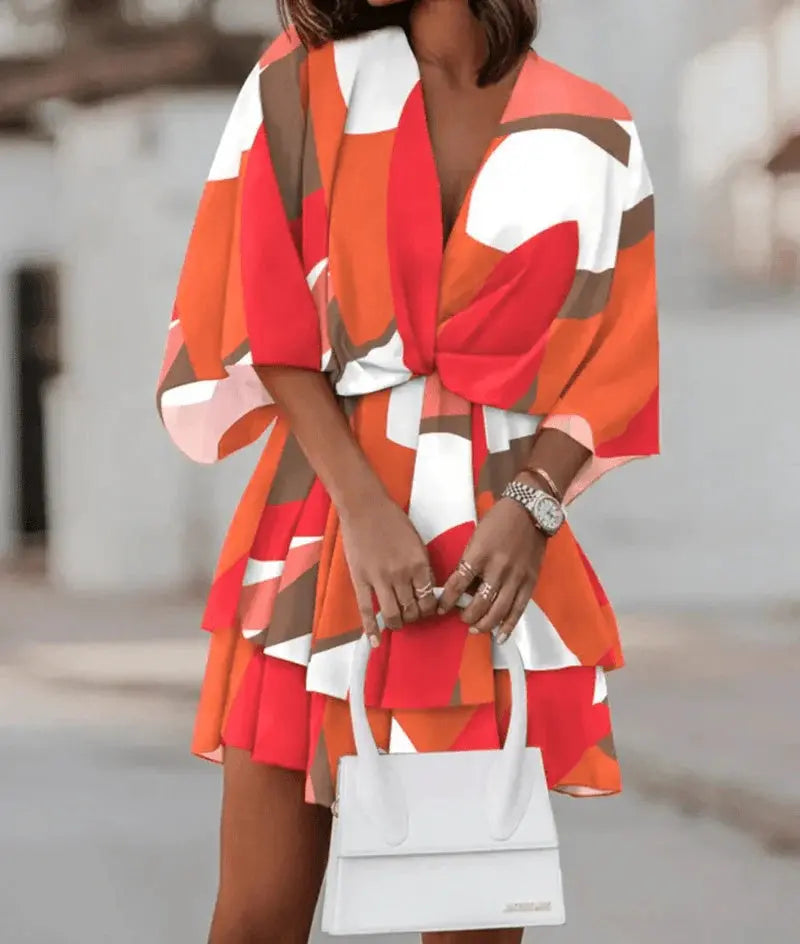 Fashion Print V-Neck Doll Sleeve Loose Cake Dress null