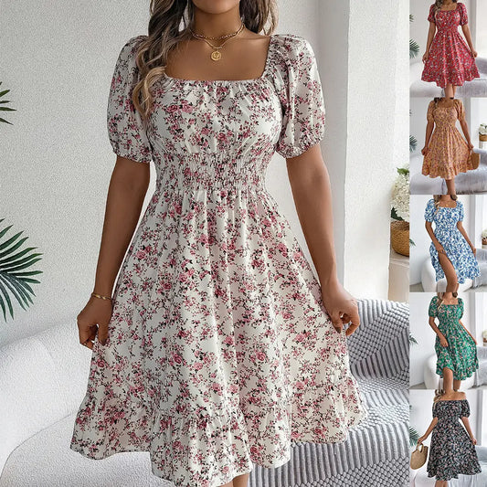 Floral Print Square Collar Dress Summer Fashion Ruffles Dresses Women's Clothing null