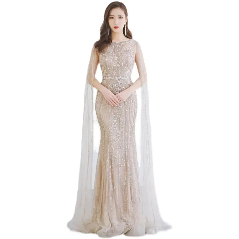 Fishtail Zipper Floating Sleeve Long Host Dress Nipaaj