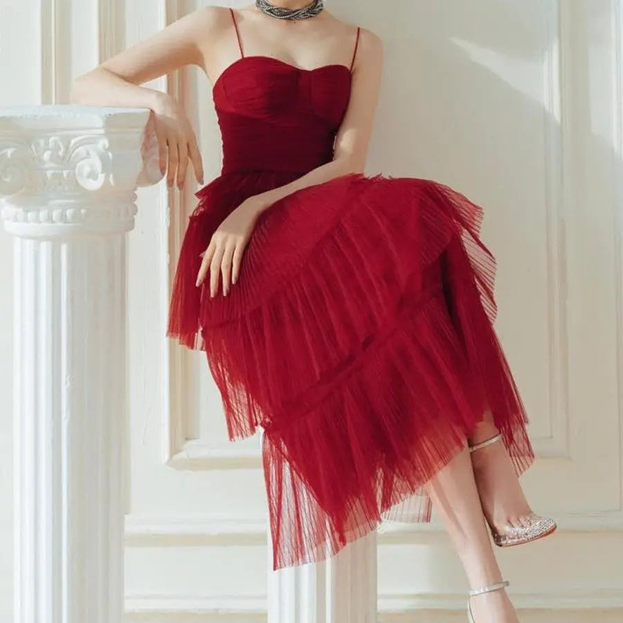 Suspender Spread Chest Temperament Dark Red Flowing Small Dress Long Skirt Nipaaj