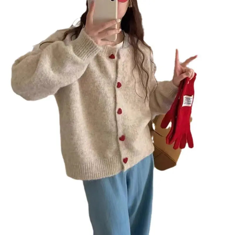 Round Neck All-matching Design Love Girl Buckle Knitted Cardigan Sweater Coat For Women Nipaaj
