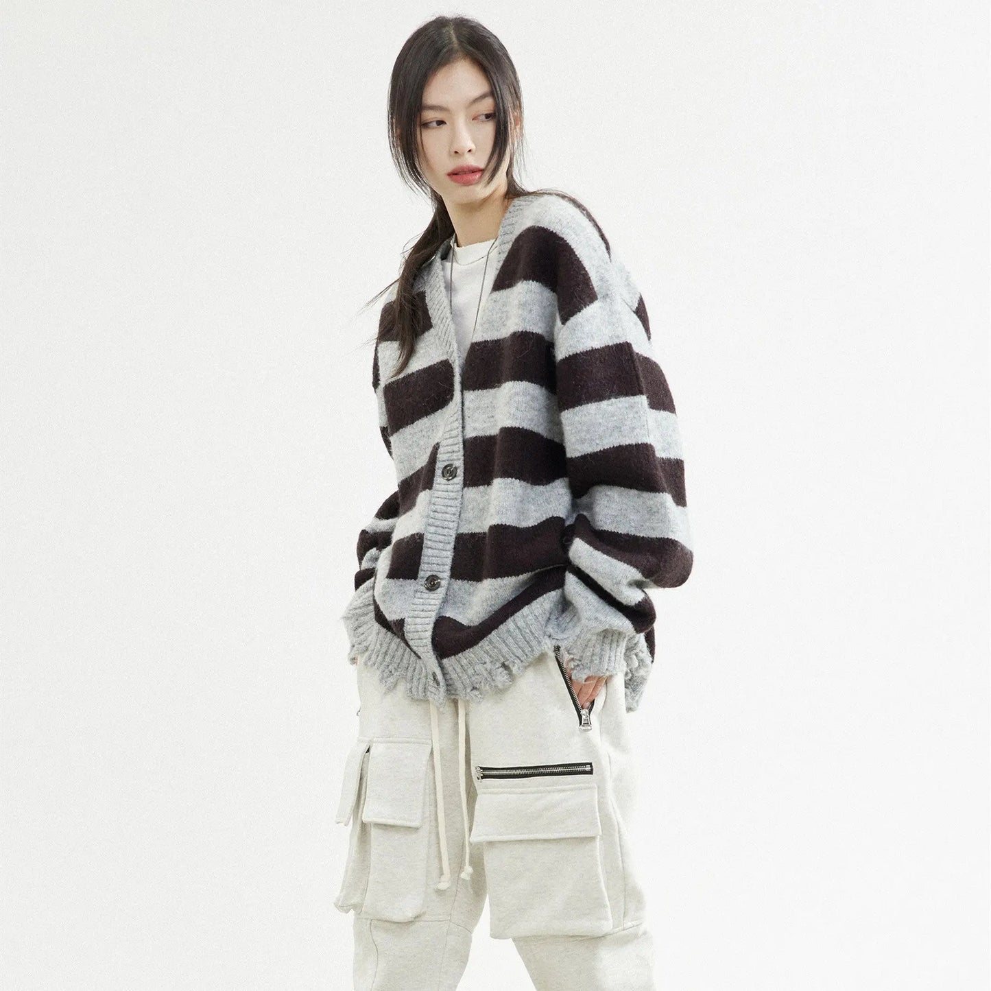 Mohair And Wool-blend Coffee Grey Striped Cardigan Sweater Nipaaj