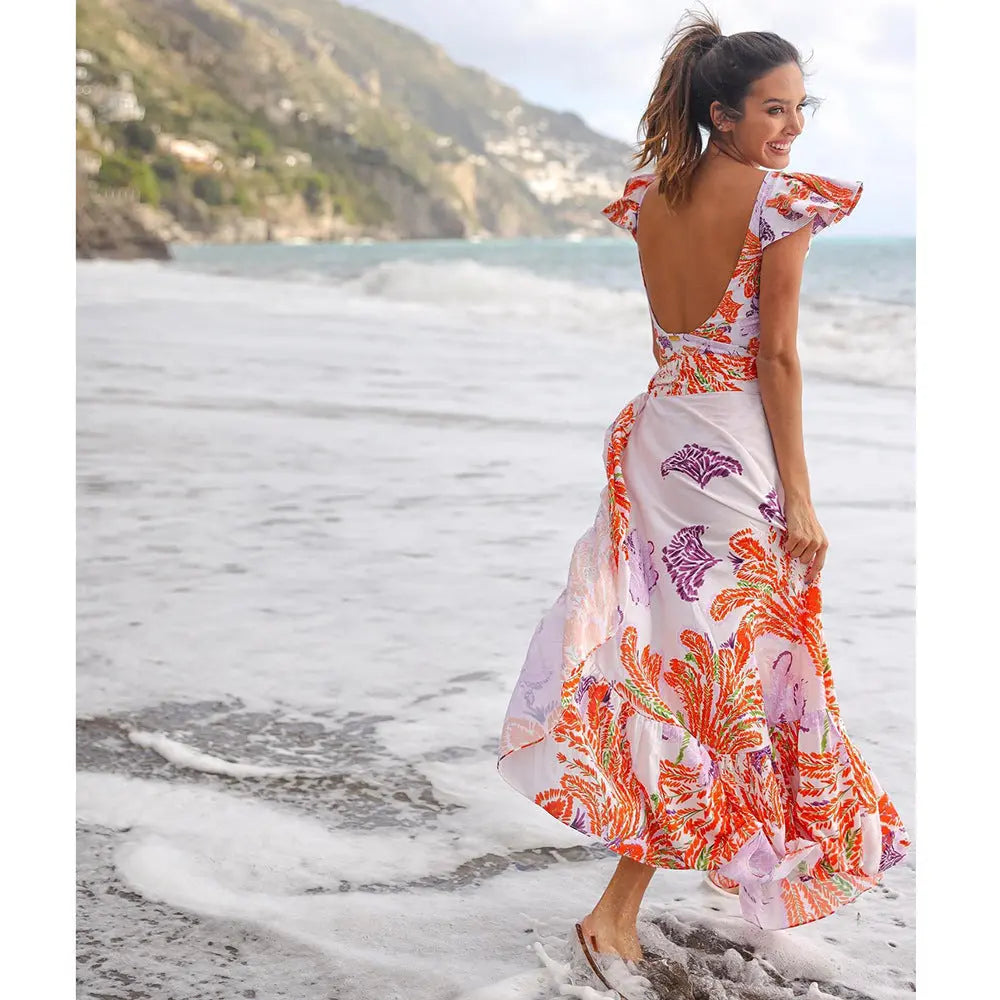 Printed Ruffle One Piece Swimming Costume Women Chiffon Maxi Dress null