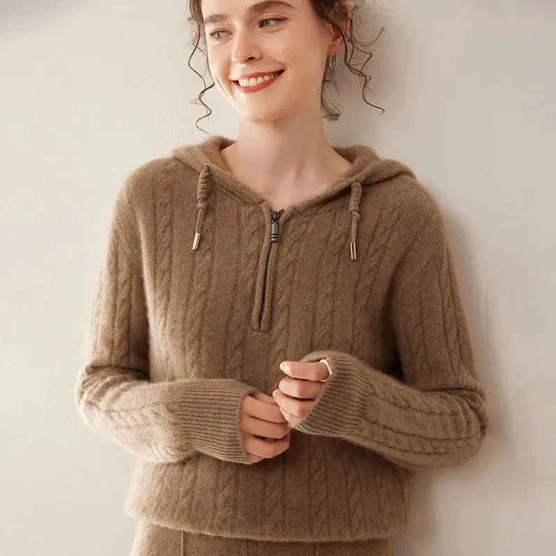Cashmere Sweater Women's Hooded Twist Half-open Collar Sweater Nipaaj