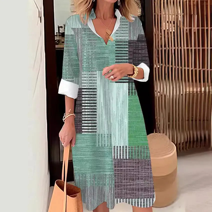 Casual Printing Lapel Long Sleeve Button Irregular Shirt Dress null