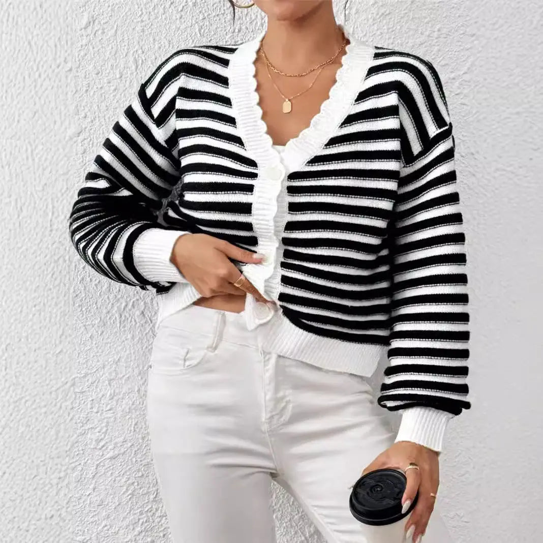 Knitted Cardigan Colorblock Sweater Coat Women's Rainbow Striped Lantern Sleeve Nipaaj