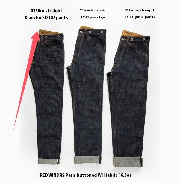 Men's Straight-leg Mid-high Waist Raw Denim Selvedge Jeans