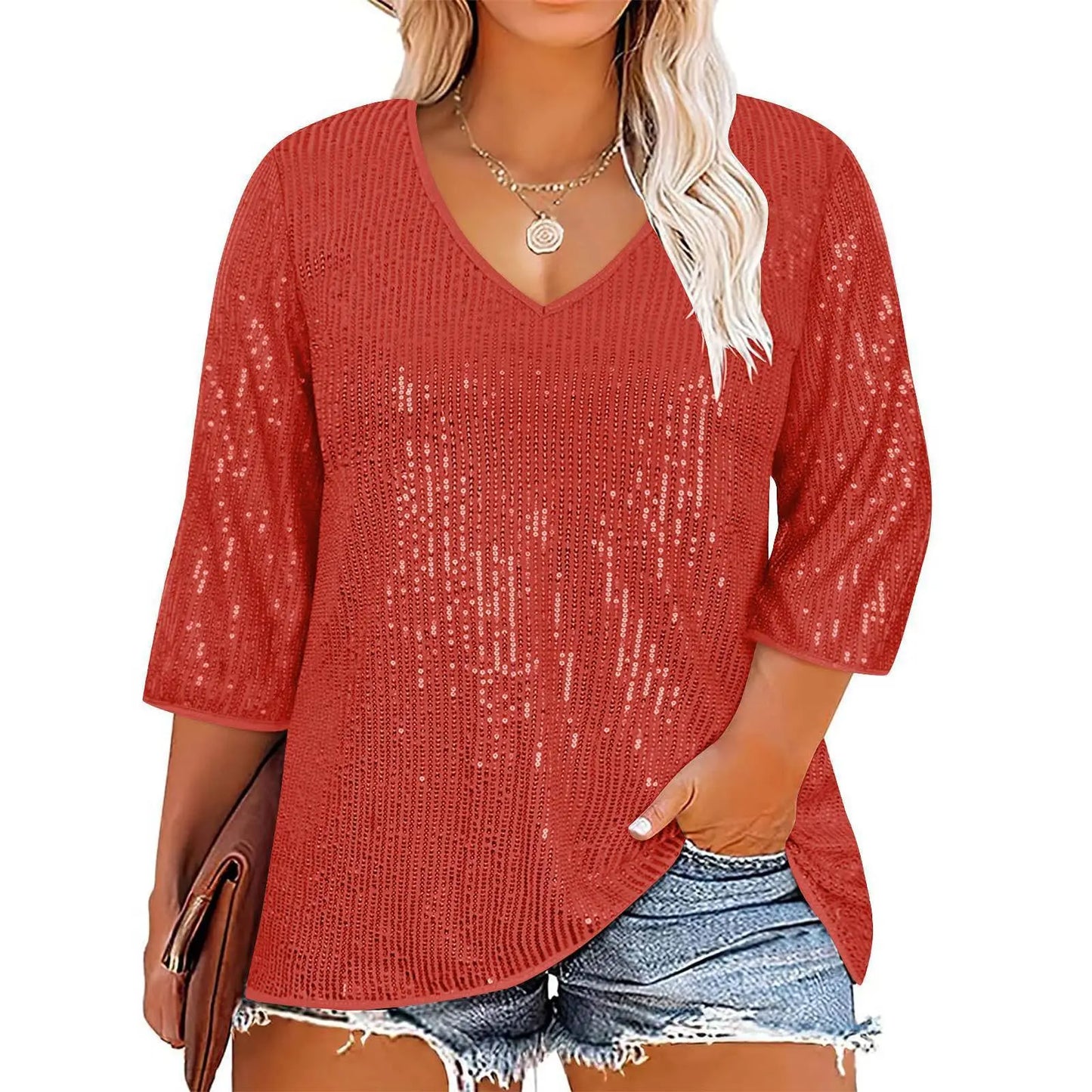 European And American Autumn And Winter Loose Top Retro Sequin Casual V-neck Sequined T-shirt For Women null