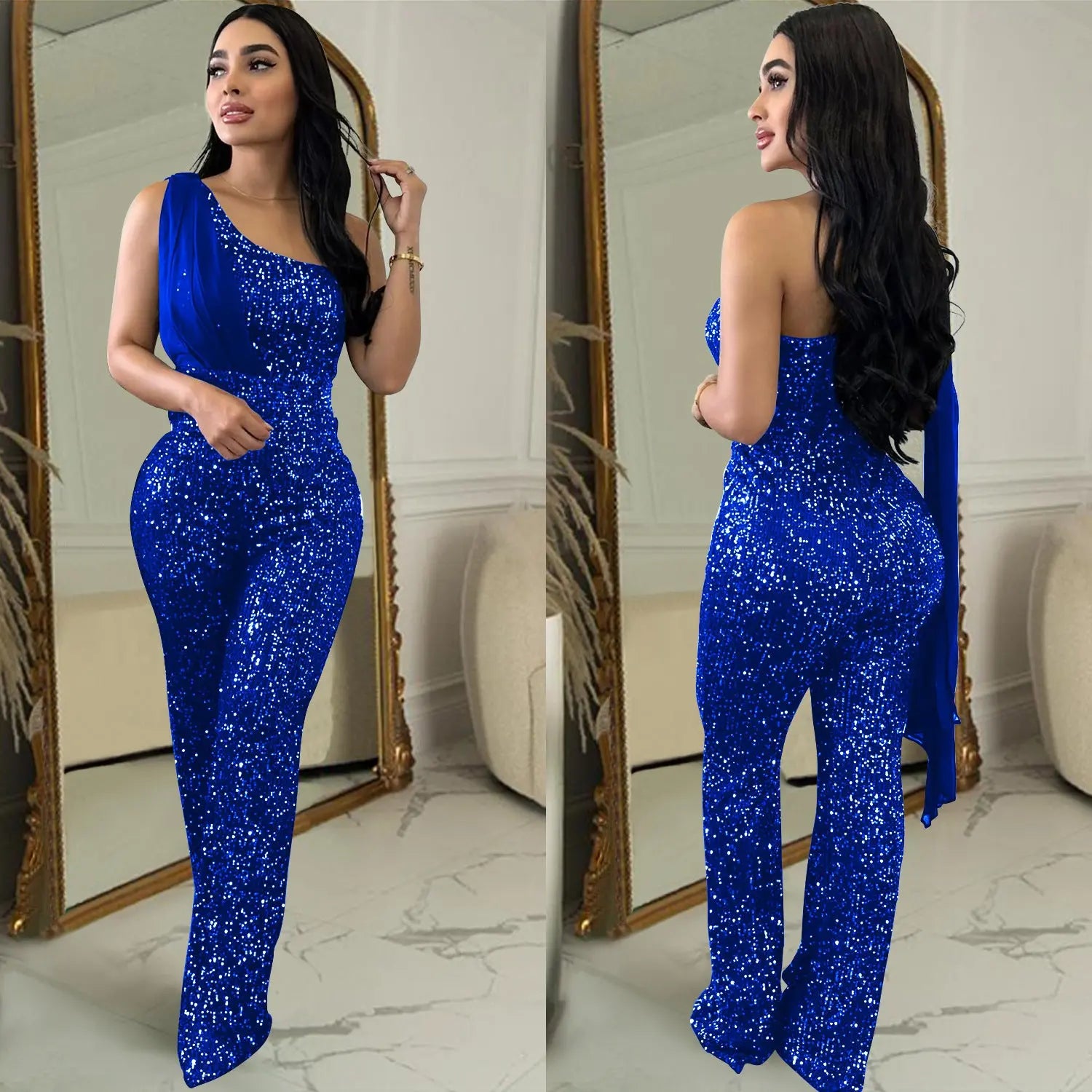 Women's Solid Color Sleeveless One-shoulder Sequined Trousers Jumpsuit null