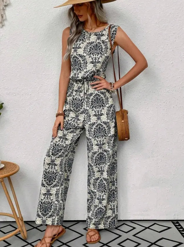 Printed Waist Cinching Casual Straight Leg Pants Set null