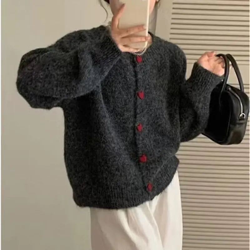 Round Neck All-matching Design Love Girl Buckle Knitted Cardigan Sweater Coat For Women Nipaaj
