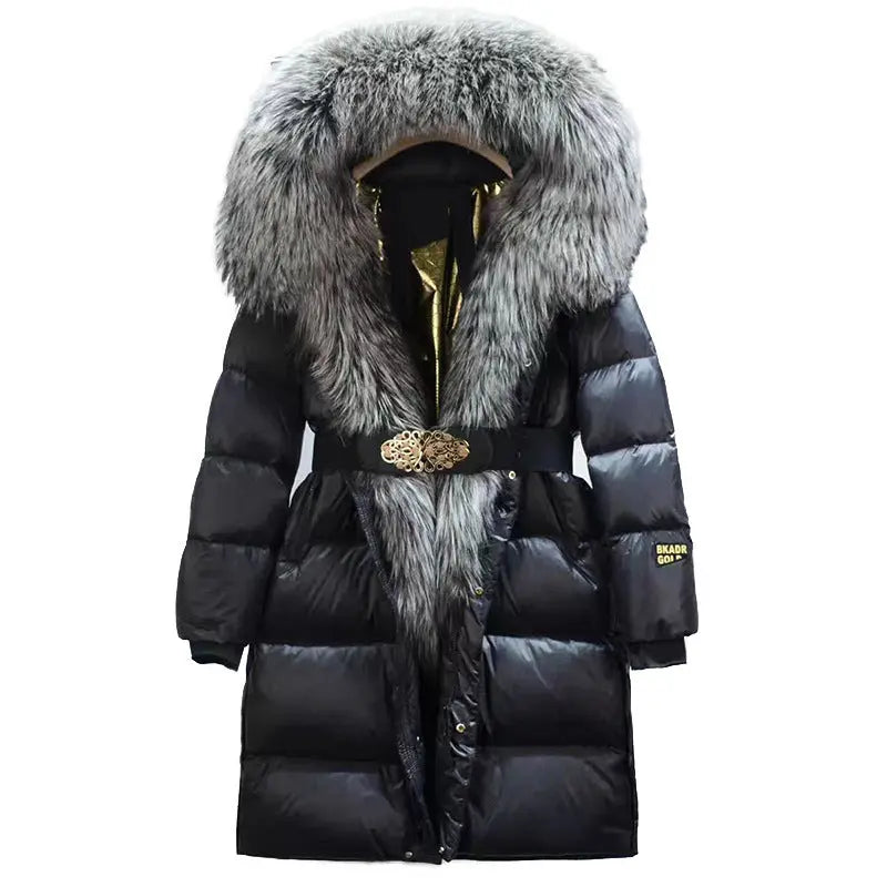 Extended Black Golden Lock Warm Real Fox Fur Big Fur Collar Duck Down Down Jacket null