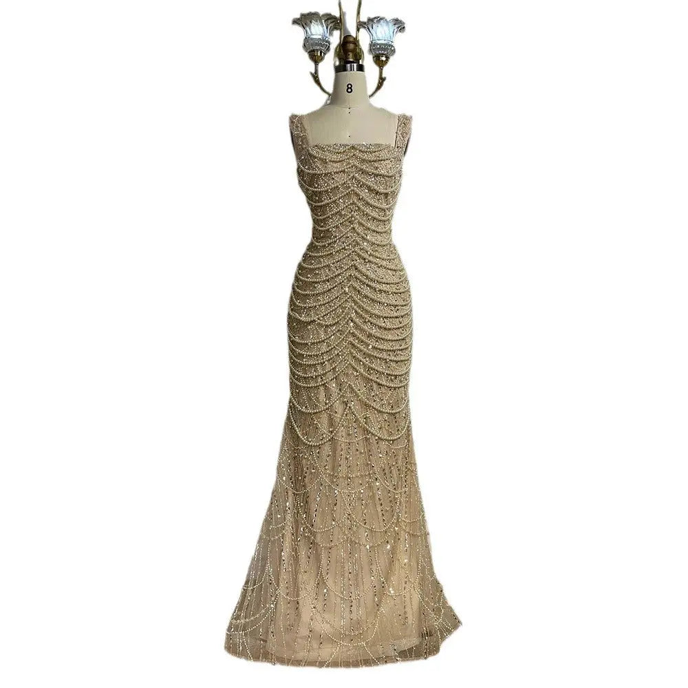 Nude Elegant Sling Light Luxury High-end Pearl Beaded Dress Nipaaj